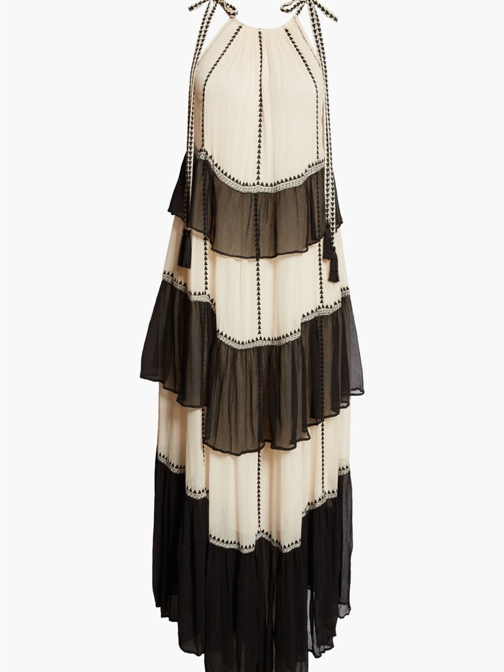 Tiered Black and Cream Halter Maxi Dress